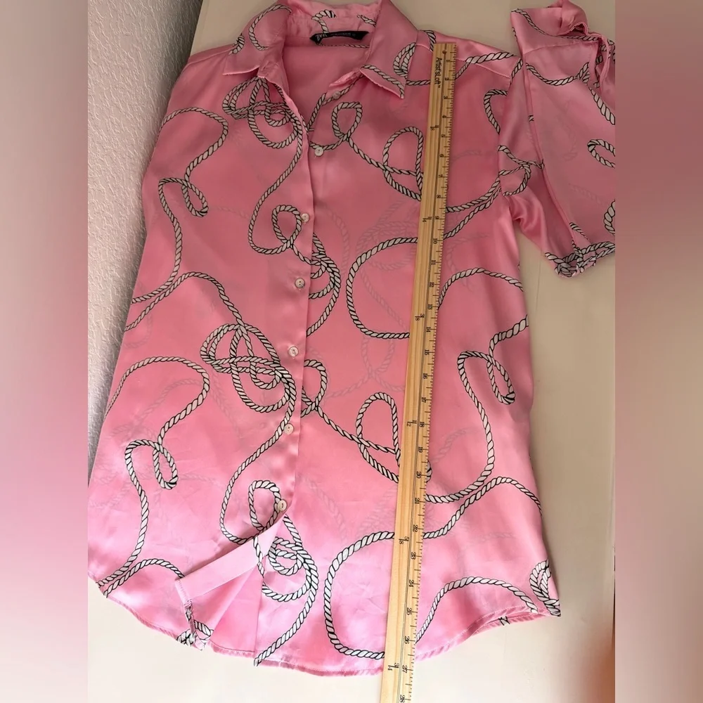 ZARA Satin Pink Rope & Chain Print Button Down Shirt | Nautical Chic